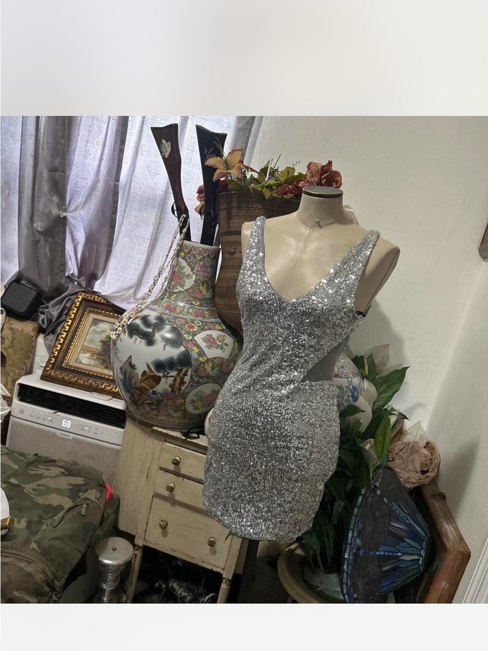 Silver  Bebe hot sexy  stretchy V-Neck Cutout Mini Dress